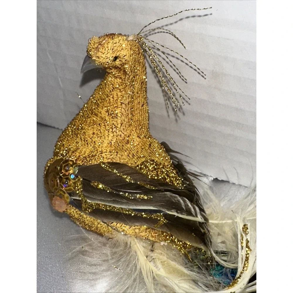 Vtg Pier One Gold Peacock Clip On Ornament Embellished Feathered Vintage Lot 2